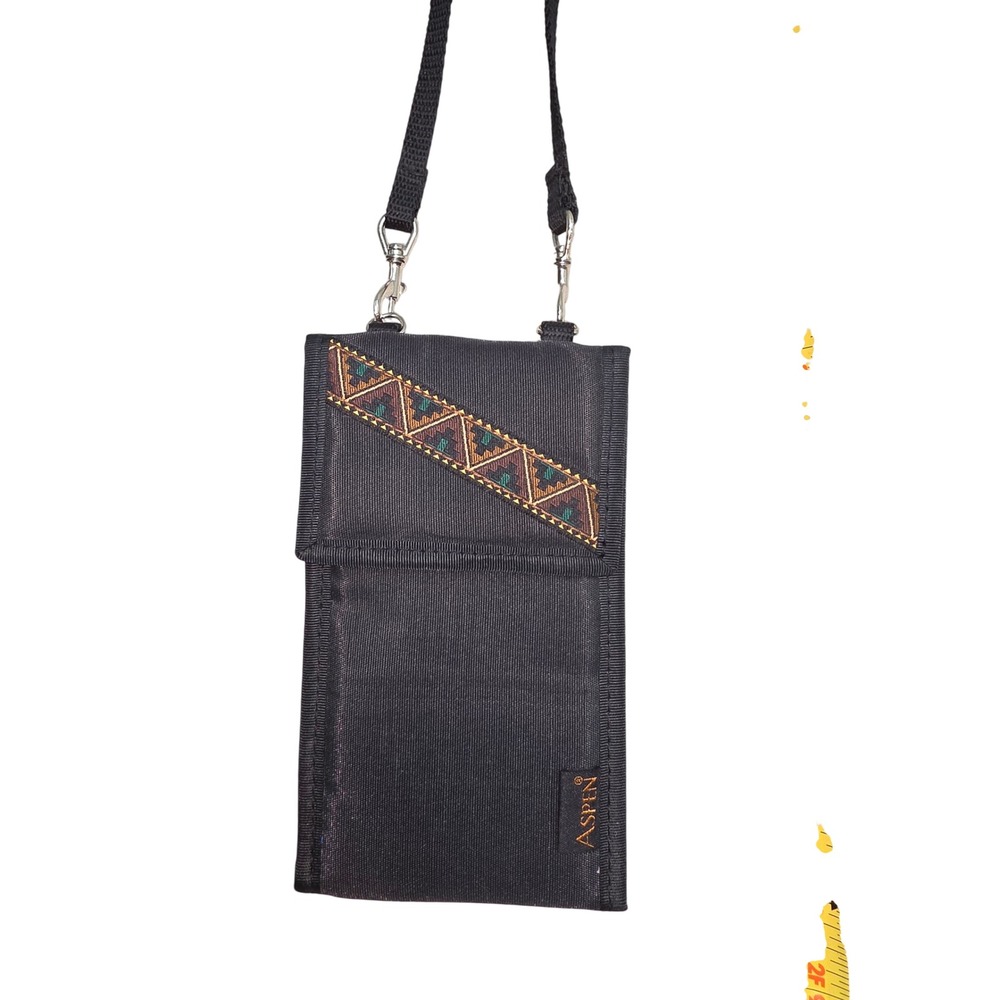 Aspen Black Nylon Neck Wallet Travel Pouch Southwestern Embroidery Geometric